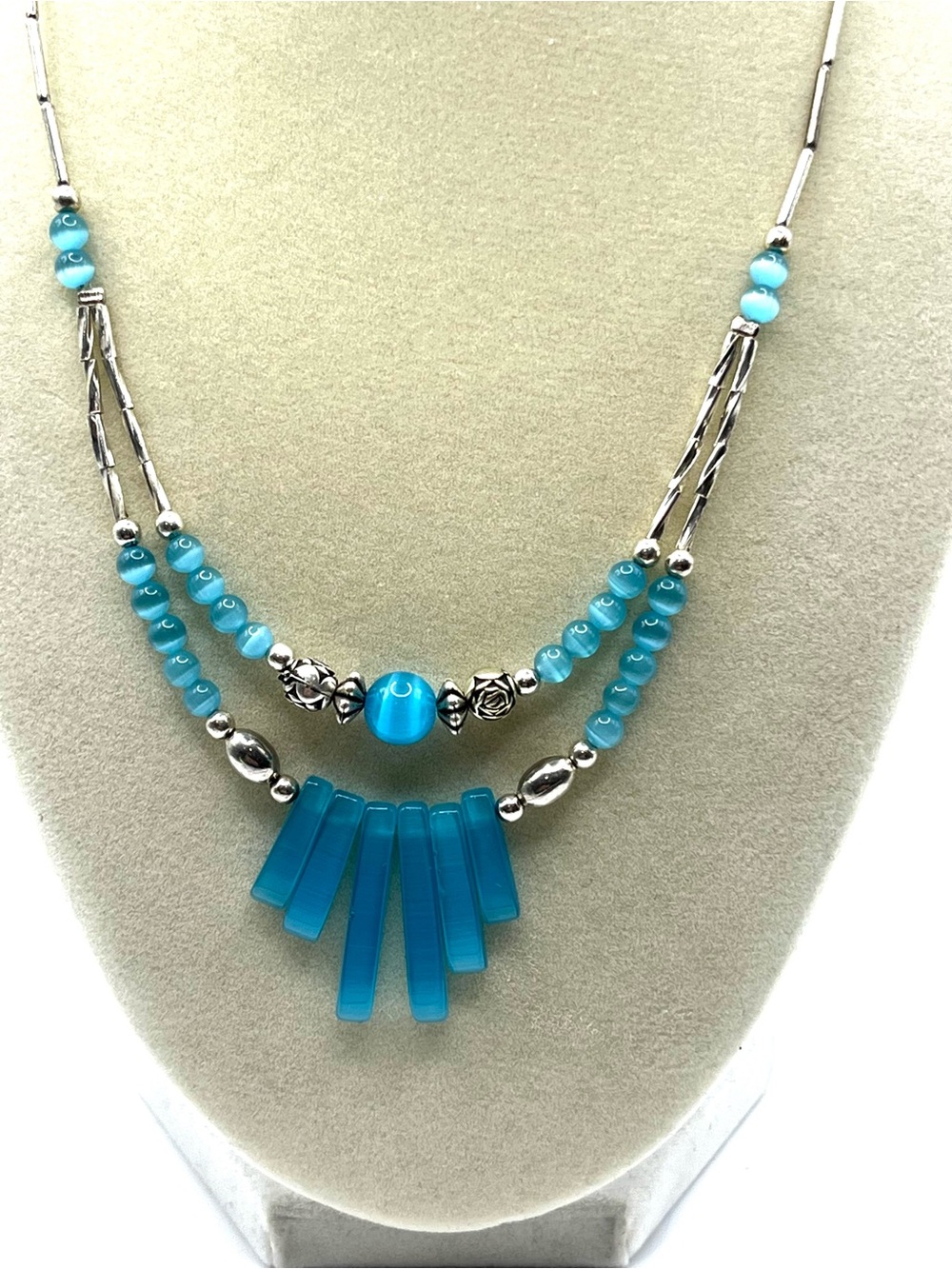 Blue Cats Eye Beaded Double-Strand Necklace Liquid Beads Necklace